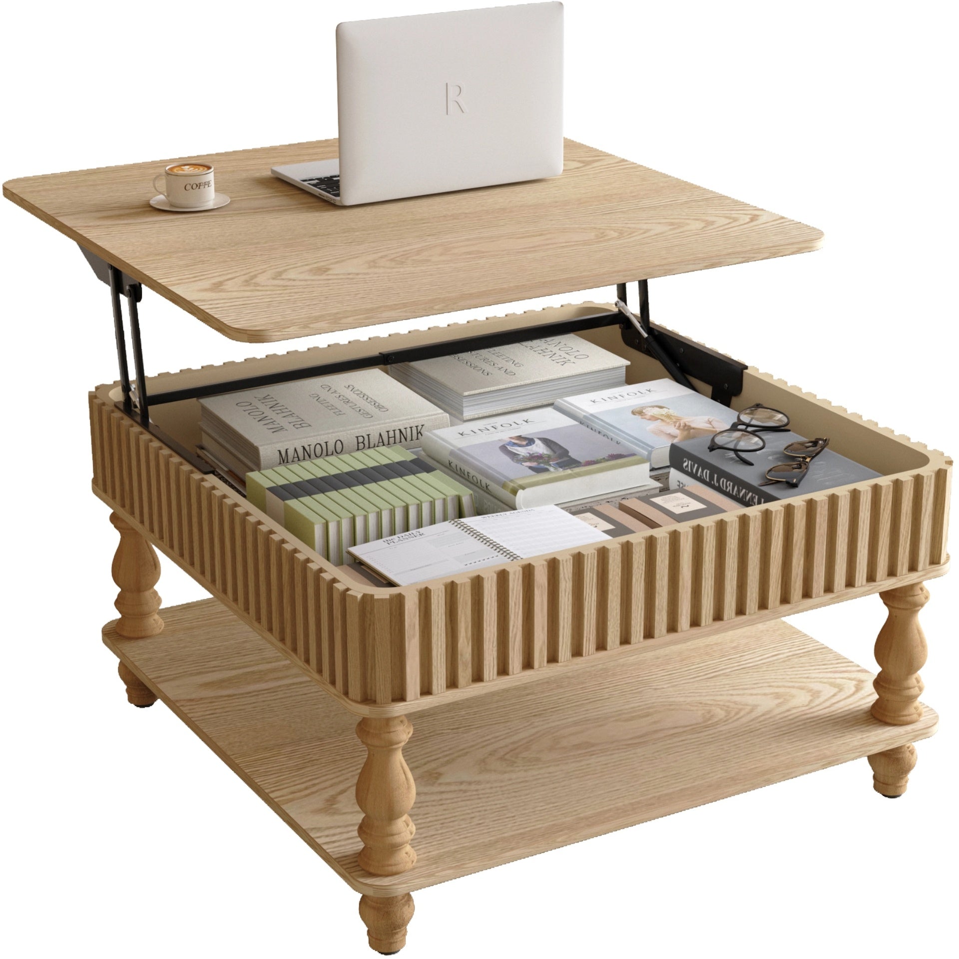 31.5 Inch Square Fluted Lift-Top Coffee Table with Hidden & Open Storage, Hydraulic Raising Mechanism, Retro Solid Wood Legs for Living Room, Sofa (Natural Wood)
