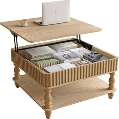 31.5 Inch Square Fluted Lift-Top Coffee Table with Hidden & Open Storage, Hydraulic Raising Mechanism, Retro Solid Wood Legs for Living Room, Sofa (Natural Wood)