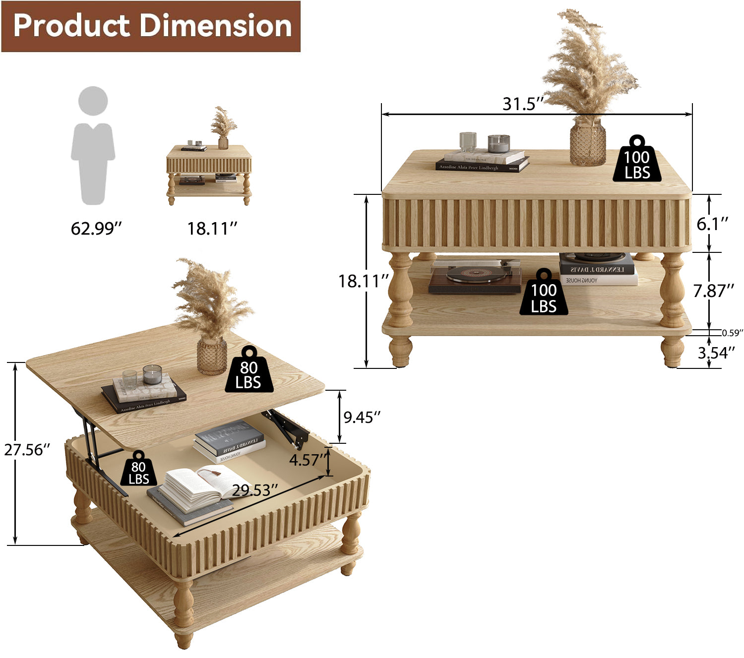 31.5 Inch Square Fluted Lift-Top Coffee Table with Hidden & Open Storage, Hydraulic Raising Mechanism, Retro Solid Wood Legs for Living Room, Sofa (Natural Wood)