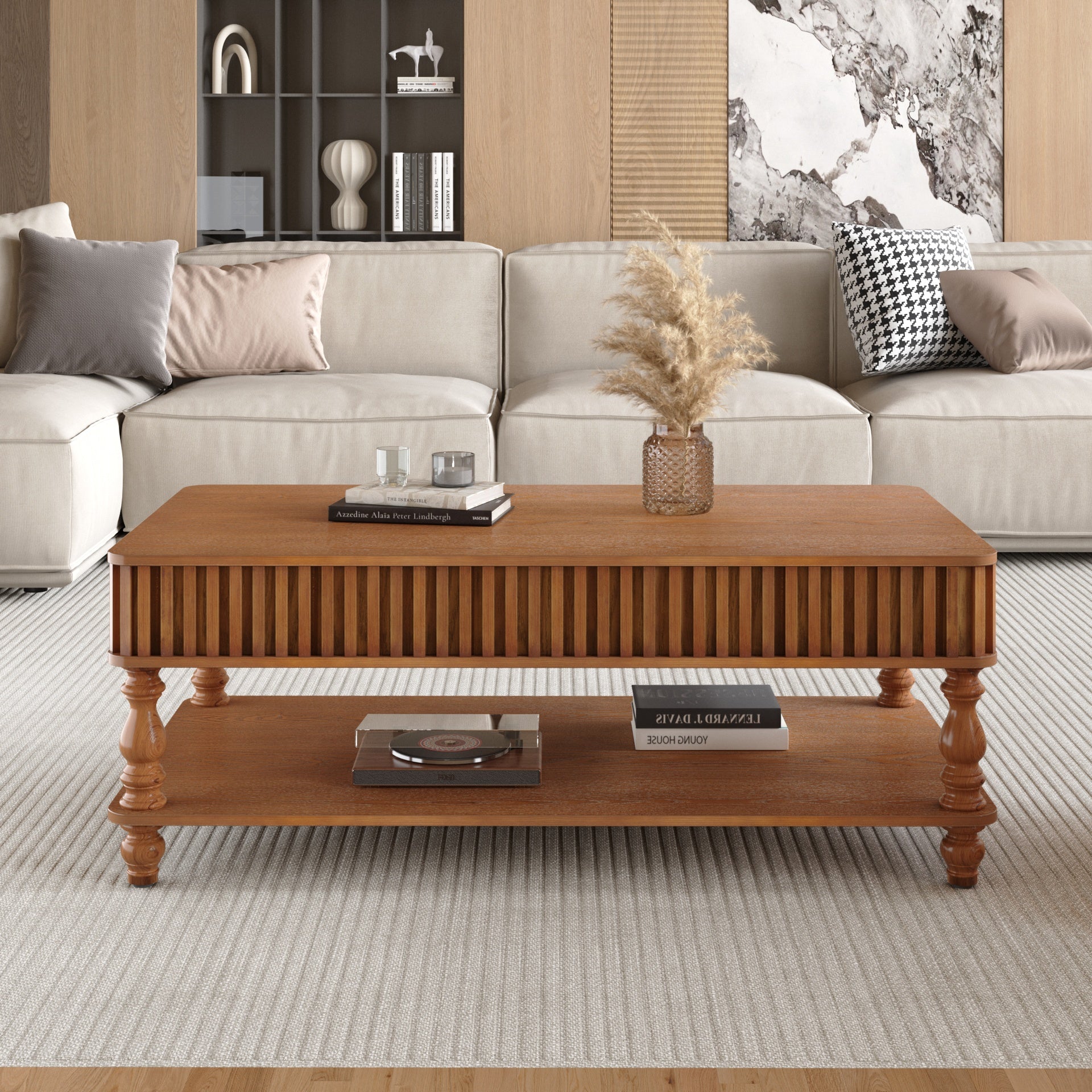 47.24" Vintage Brown Lift Top Coffee Table, Tool-Free Assembly Solid Wood with Fluted Details & Solid Roman Legs, Classic Lift-Top Desk for Living Room