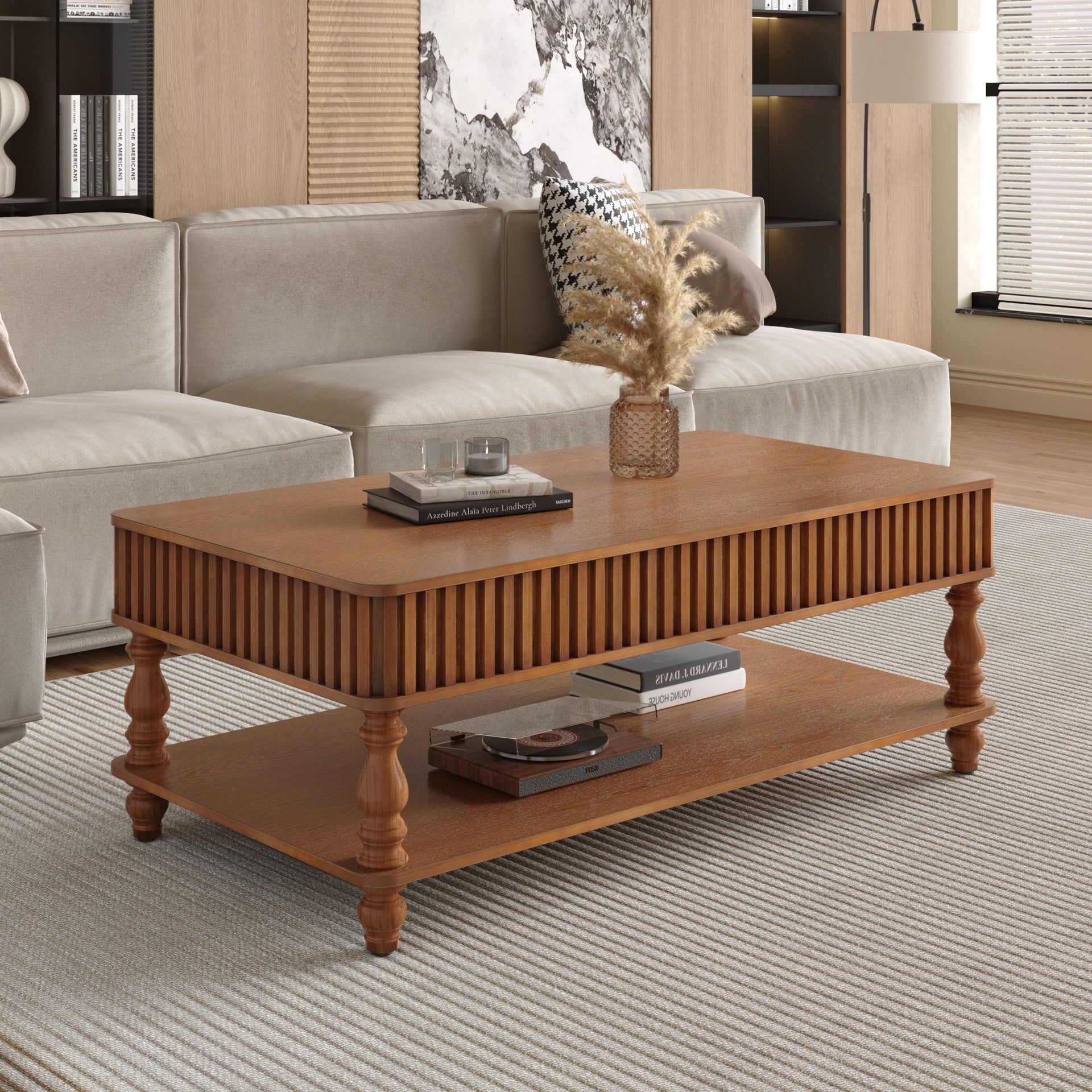 47.24" Vintage Brown Lift Top Coffee Table, Tool-Free Assembly Solid Wood with Fluted Details & Solid Roman Legs, Classic Lift-Top Desk for Living Room