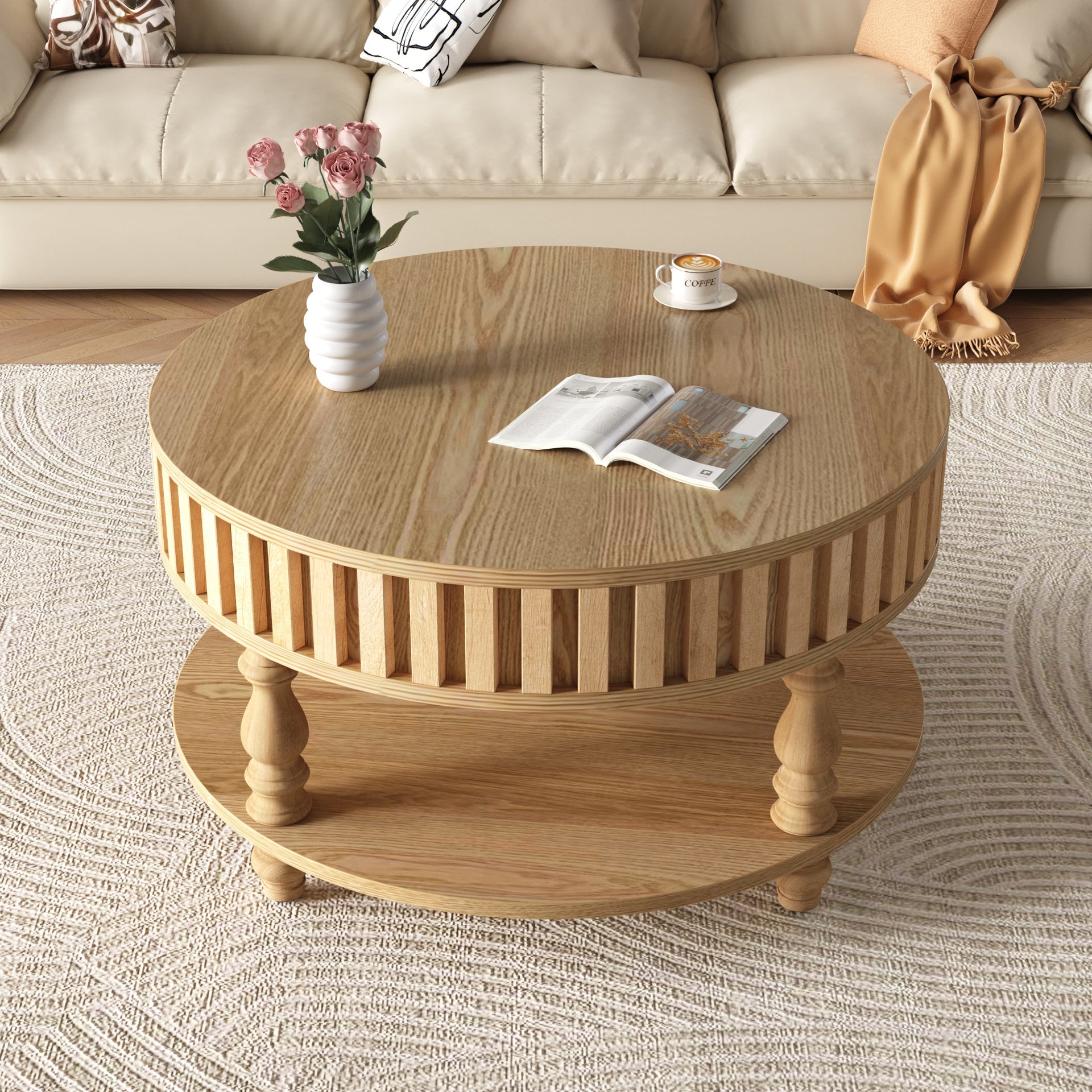 Mid Century Modern Fluted Coffee Table with Storage, Natural Wood Finish Center Table with Flip-Top Lid and Solid Wood Legs for Living Room