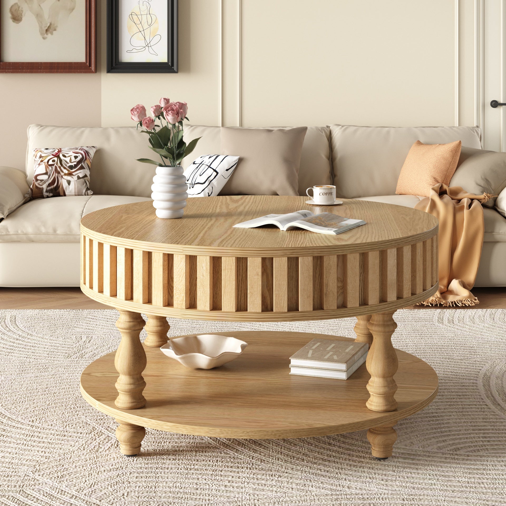 Mid Century Modern Fluted Coffee Table with Storage, Natural Wood Finish Center Table with Flip-Top Lid and Solid Wood Legs for Living Room