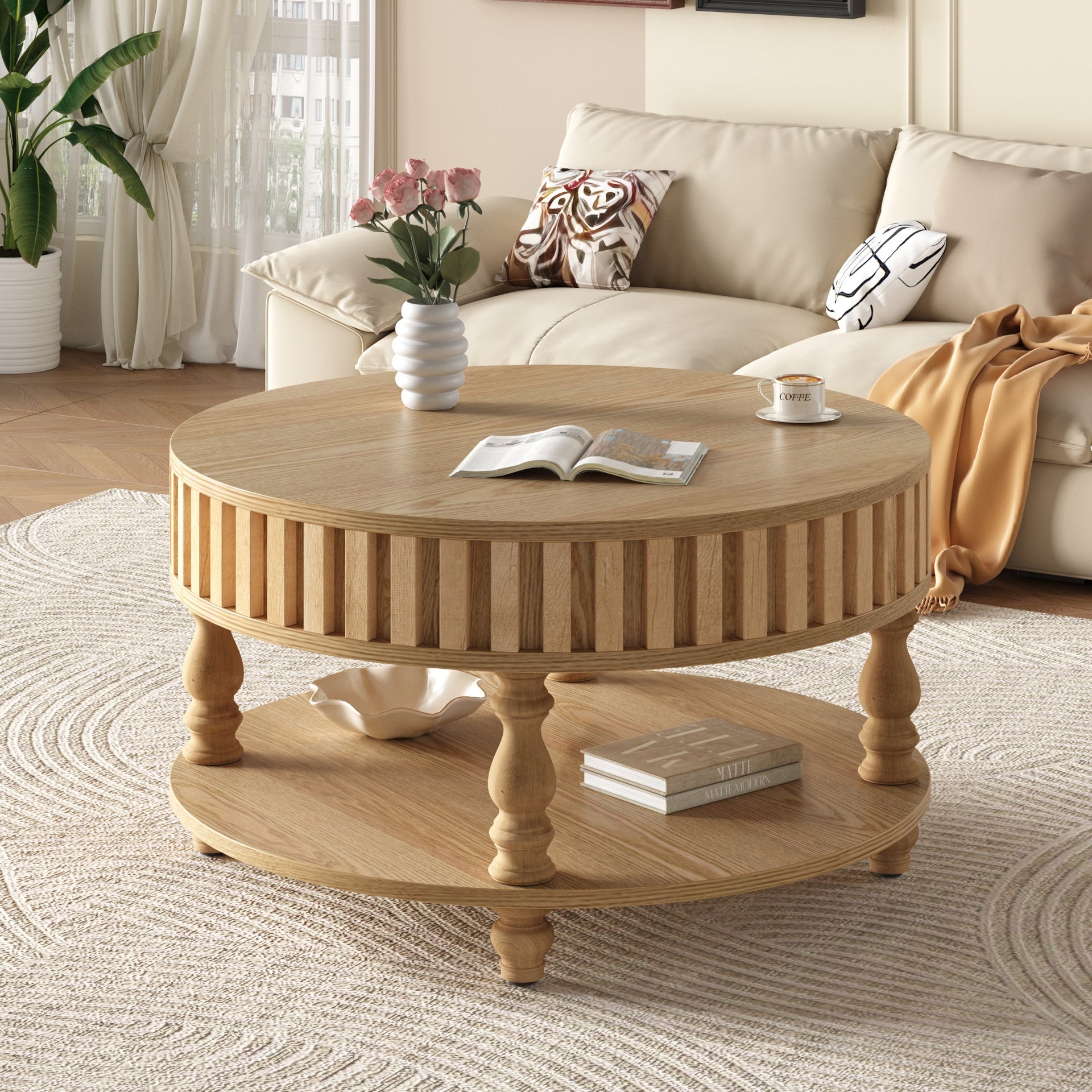 Mid Century Modern Fluted Coffee Table with Storage, Natural Wood Finish Center Table with Flip-Top Lid and Solid Wood Legs for Living Room