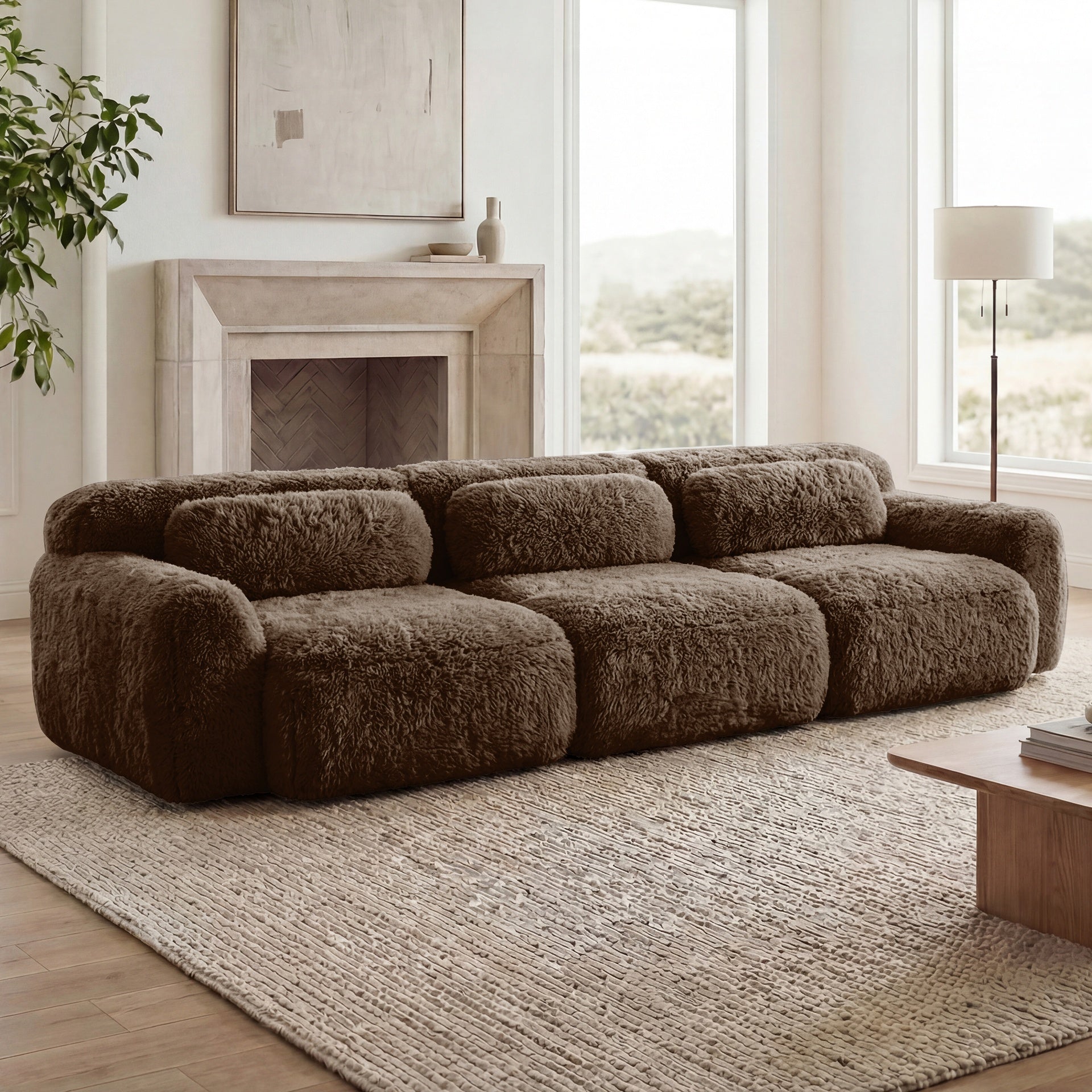 114''Soft And Fluffy  Plush Fabric,Modular Sectional Sofa Couches,Ergonomic Design With Ottoman And Throw Pillows,Full-compression Vacuum Packaging Buckle Connection For Study,Home Theater, Chocolate
