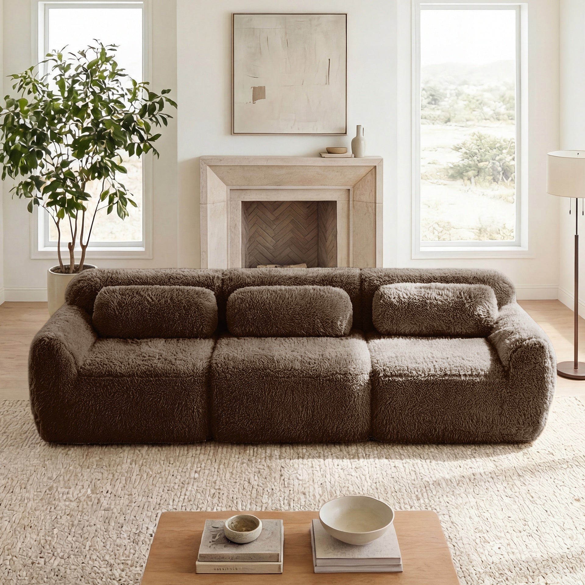 114''Soft And Fluffy  Plush Fabric,Modular Sectional Sofa Couches,Ergonomic Design With Ottoman And Throw Pillows,Full-compression Vacuum Packaging Buckle Connection For Study,Home Theater, Chocolate