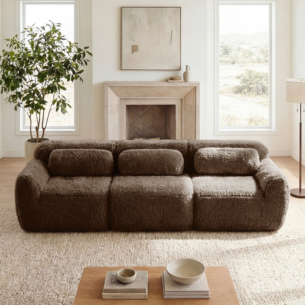 114''Soft And Fluffy  Plush Fabric,Modular Sectional Sofa Couches,Ergonomic Design With Ottoman And Throw Pillows,Full-compression Vacuum Packaging Buckle Connection For Study,Home Theater, Chocolate