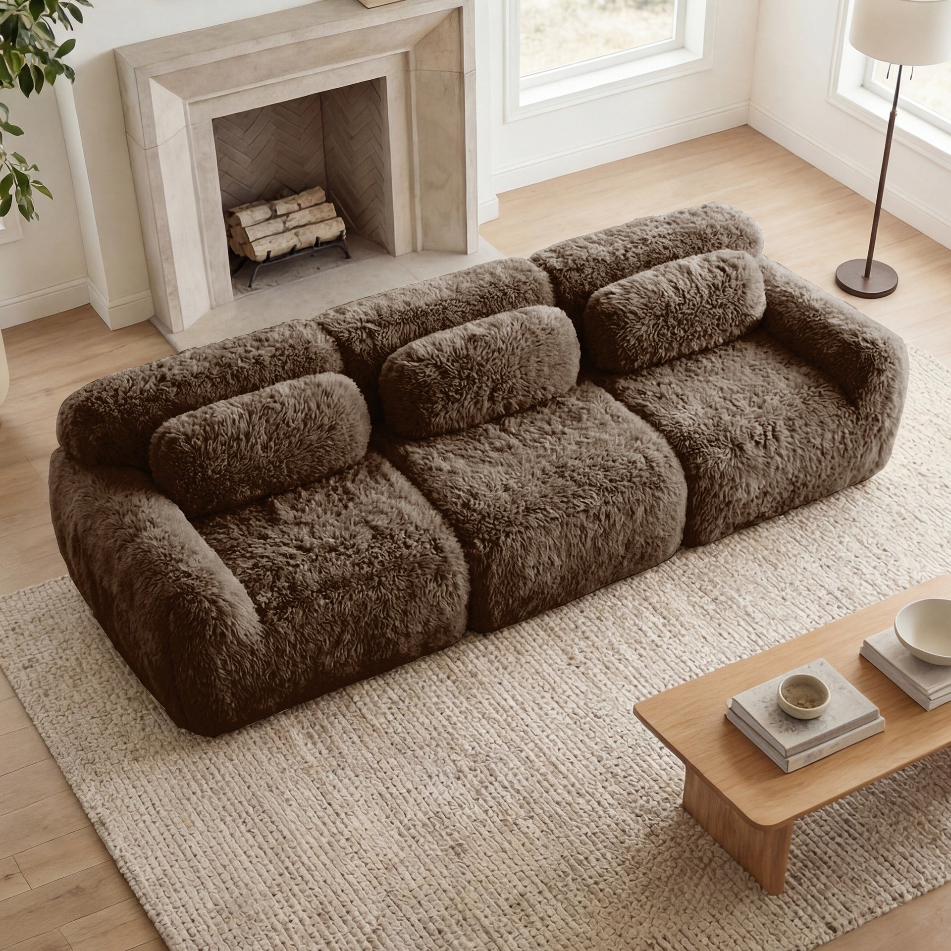 114''Soft And Fluffy  Plush Fabric,Modular Sectional Sofa Couches,Ergonomic Design With Ottoman And Throw Pillows,Full-compression Vacuum Packaging Buckle Connection For Study,Home Theater, Chocolate