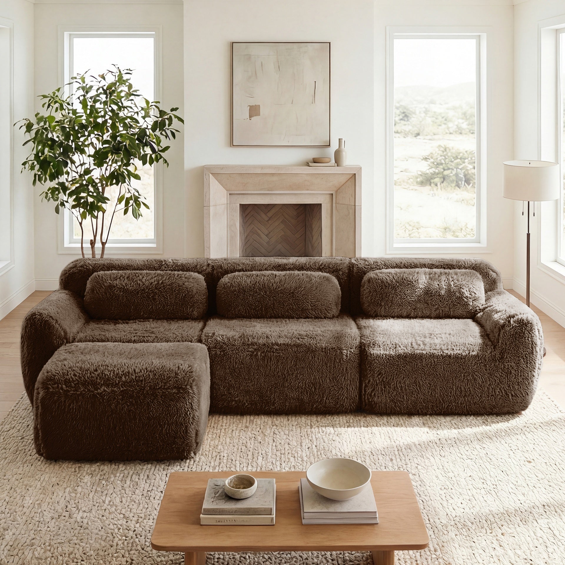 L-shaped Soft And Fluffy Plush Fabric,Boneless Sofa,With Throw Pillows 32D High Density Sponge,No Assembly Required Bottom,Anti-Slip Design Buckle Connection,Movable Ottoman For Living Room, Chocolate