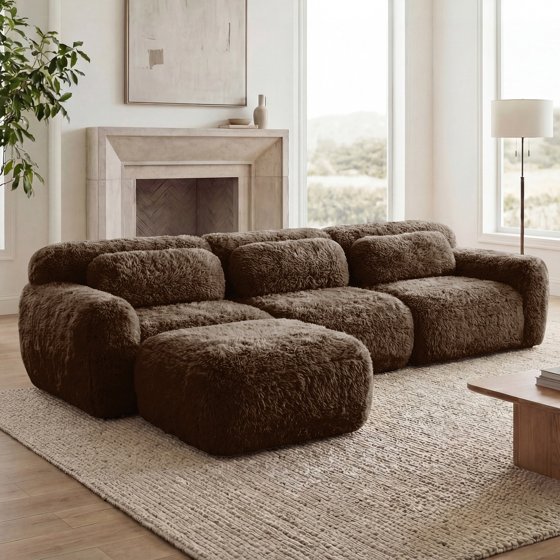 L-shaped Soft And Fluffy Plush Fabric,Boneless Sofa,With Throw Pillows 32D High Density Sponge,No Assembly Required Bottom,Anti-Slip Design Buckle Connection,Movable Ottoman For Living Room, Chocolate