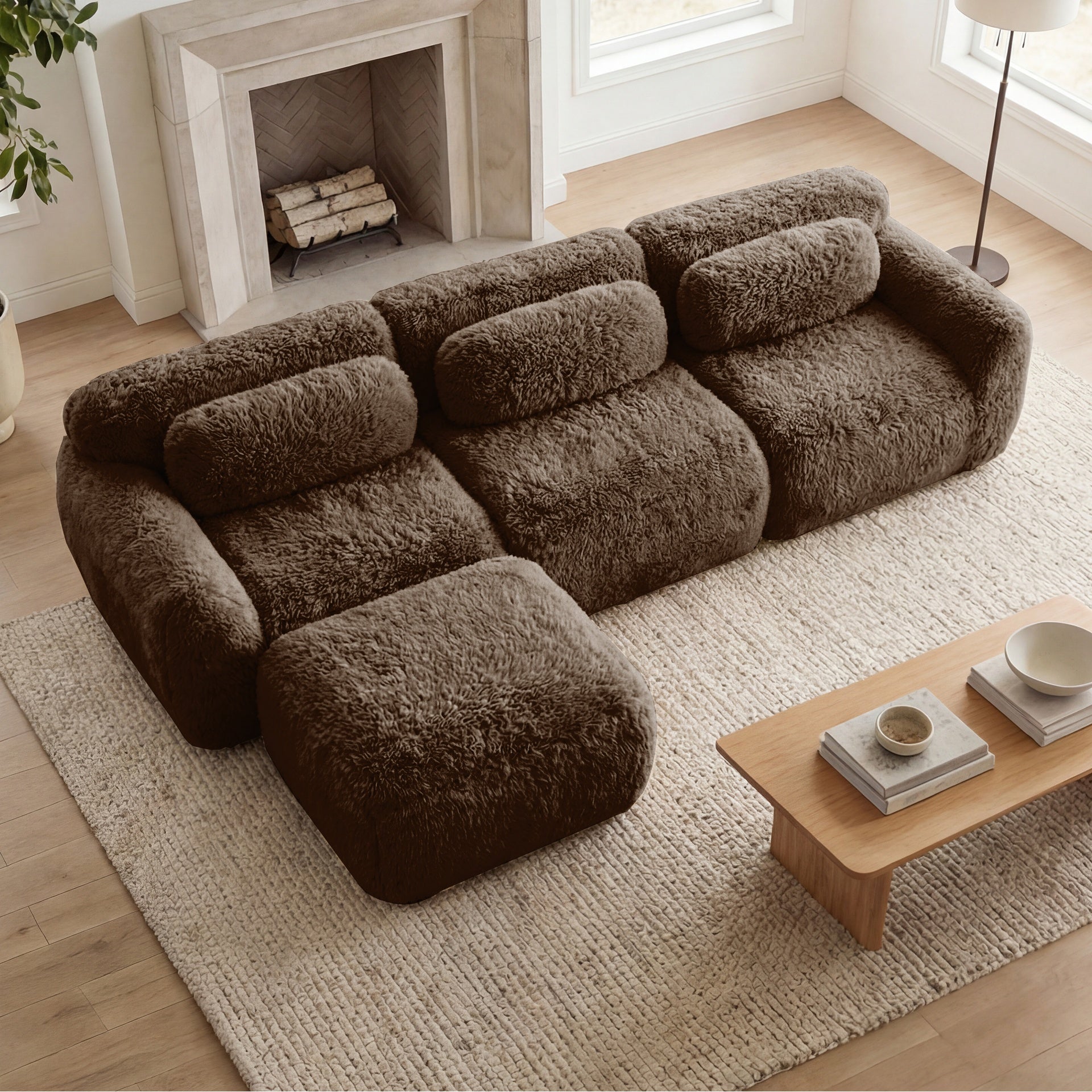 L-shaped Soft And Fluffy Plush Fabric,Boneless Sofa,With Throw Pillows 32D High Density Sponge,No Assembly Required Bottom,Anti-Slip Design Buckle Connection,Movable Ottoman For Living Room, Chocolate