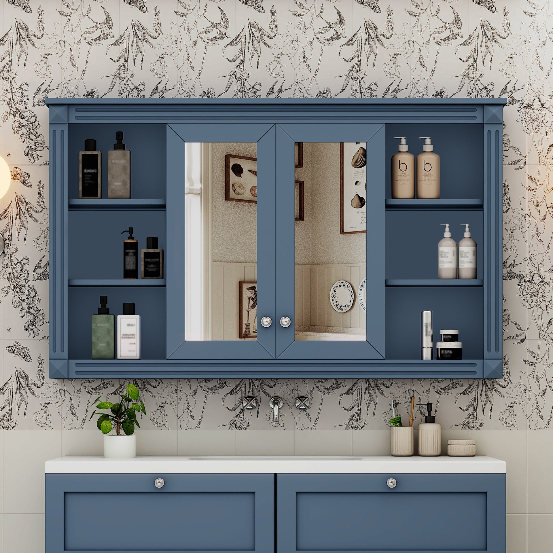 47 Inch Bathroom Mirror Cabinet with Storage, Adjustable Shelf and Open Shelves, Wall Mounted Medicine Cabinet for Bathroom, Bedroom, Vanity