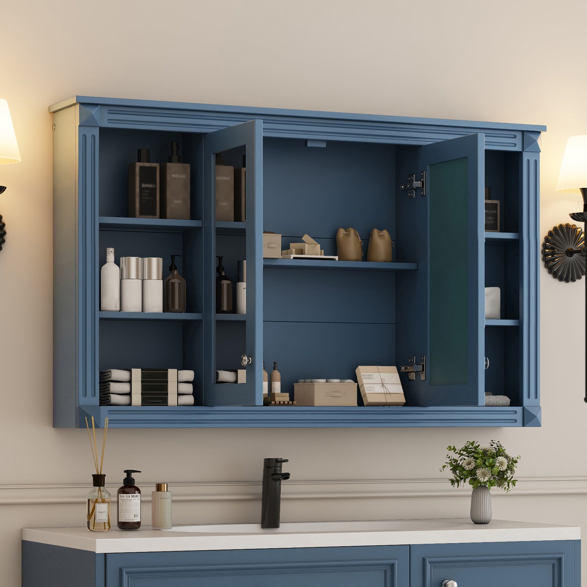 47 Inch Bathroom Mirror Cabinet with Storage, Adjustable Shelf and Open Shelves, Wall Mounted Medicine Cabinet for Bathroom, Bedroom, Vanity