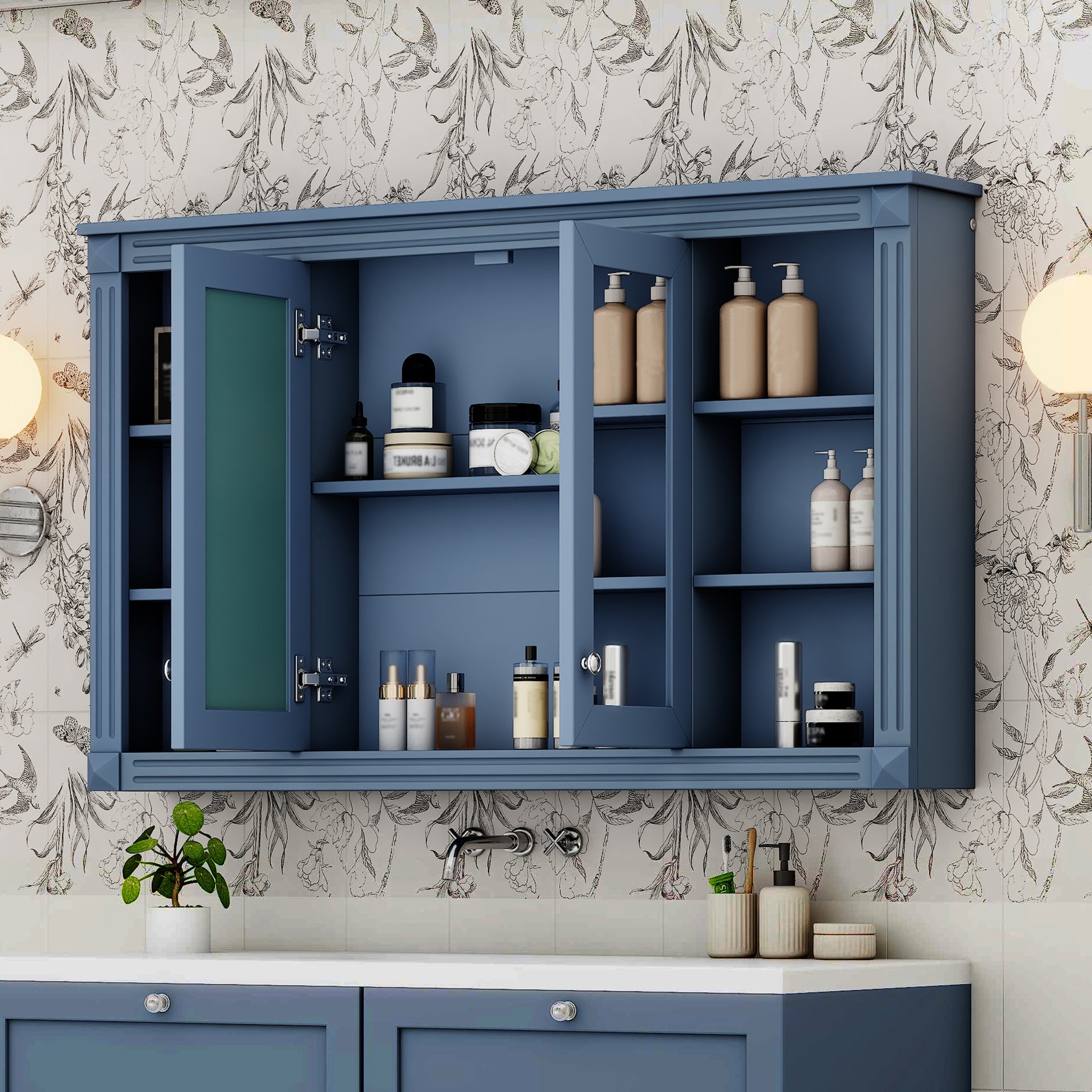 47 Inch Bathroom Mirror Cabinet with Storage, Adjustable Shelf and Open Shelves, Wall Mounted Medicine Cabinet for Bathroom, Bedroom, Vanity
