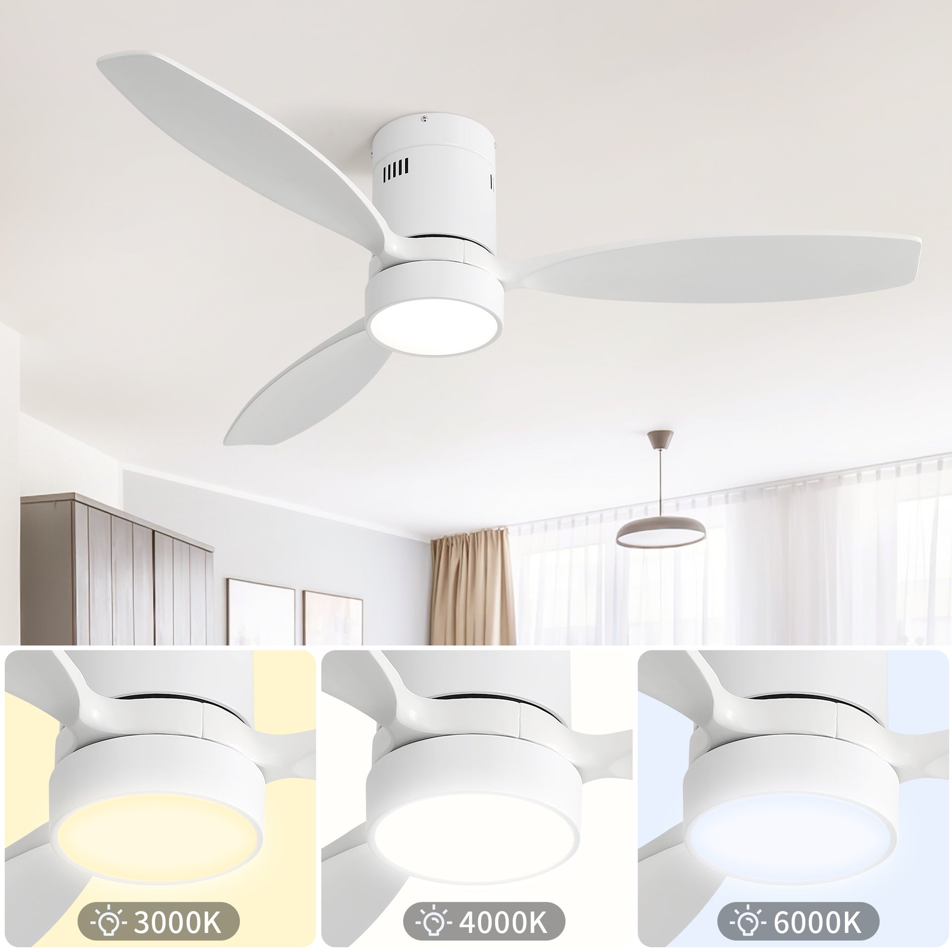 52 Inch Flush Mount Solid Wood Ceiling Fan With 6 Speed Remote Control Reversible DC Motor For Home