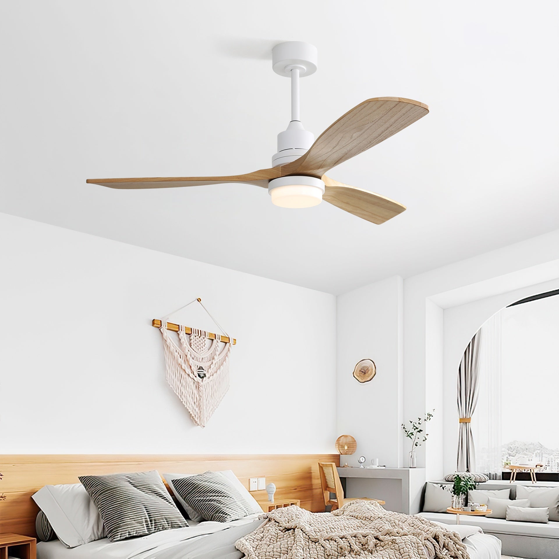 52 Inch Indoor Ceiling Fan With Dimmable Led Light 3 Solid Wood Blades Remote Control Reversible DC Motor For Living Room