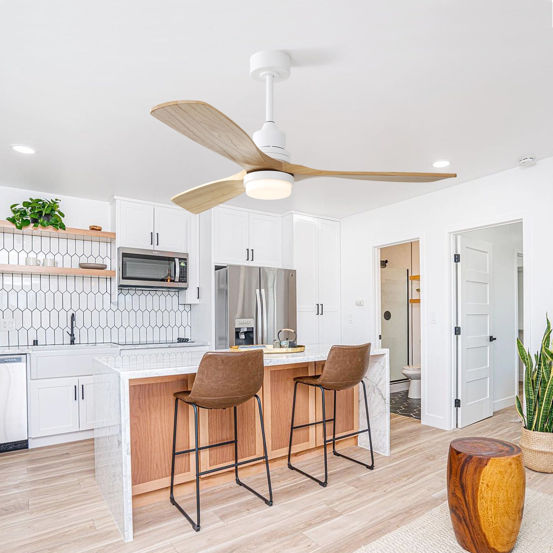 52 Inch Indoor Ceiling Fan With Dimmable Led Light 3 Solid Wood Blades Remote Control Reversible DC Motor For Living Room