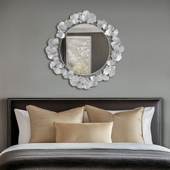 30.5"Eden Gingko Leaf Round Wall Mirror Silver
