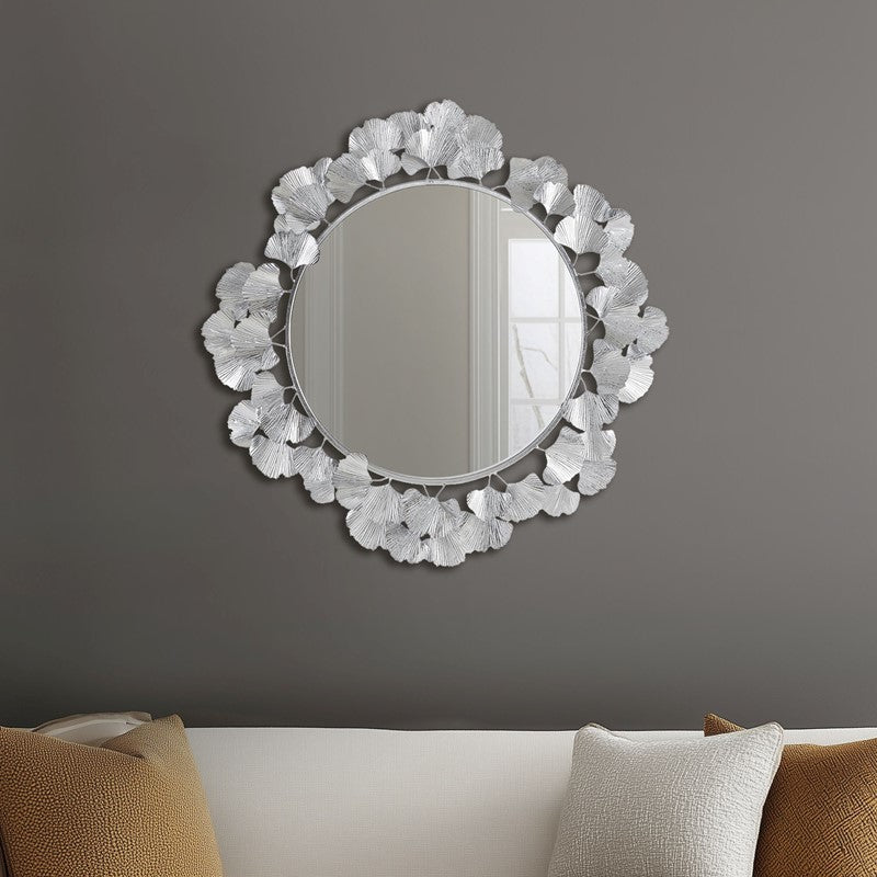 30.5"Eden Gingko Leaf Round Wall Mirror Silver