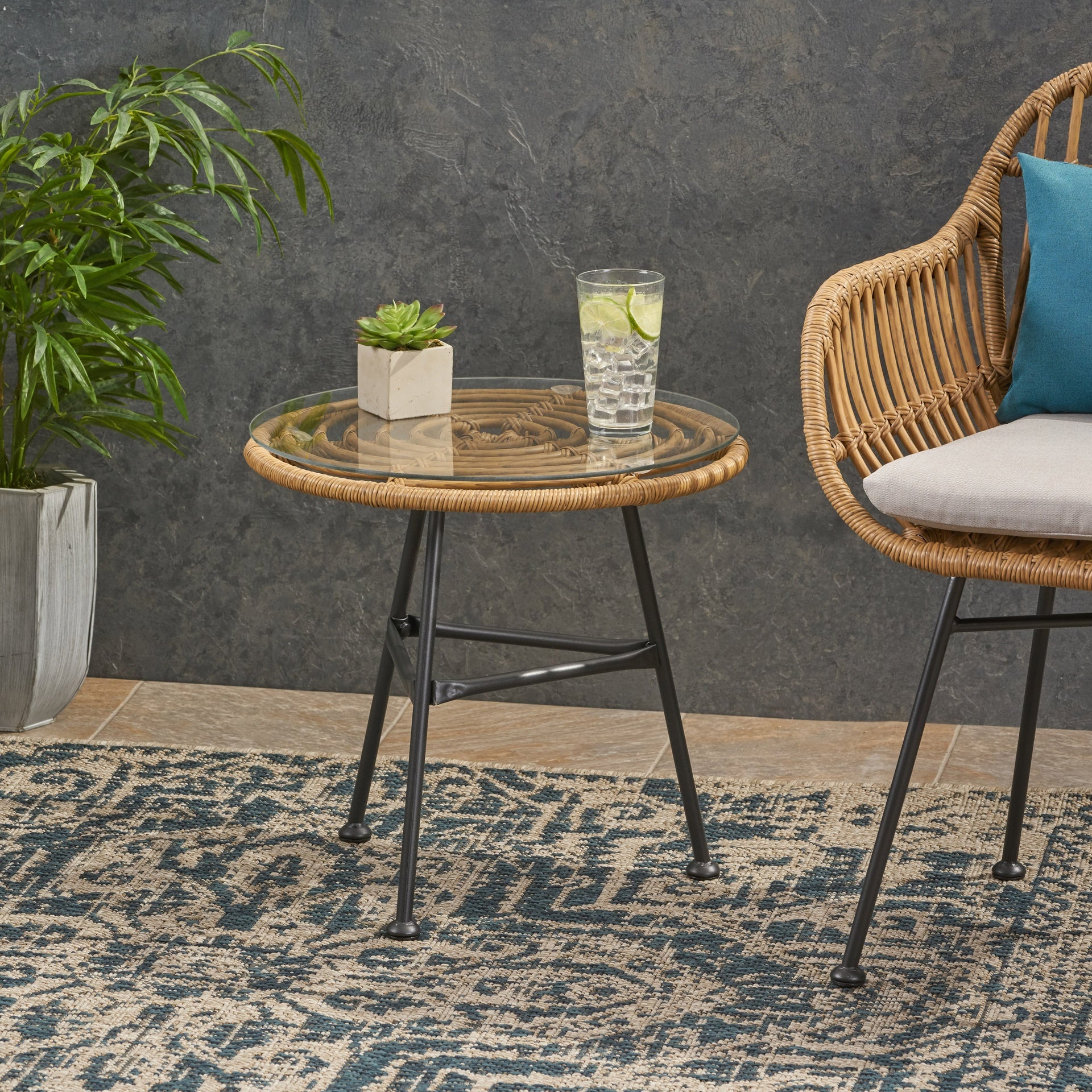 Orlando Outdoor Glass Top Faux Rattan Side Table,Tempered Glass Top End Table for Balcony Porch Deck