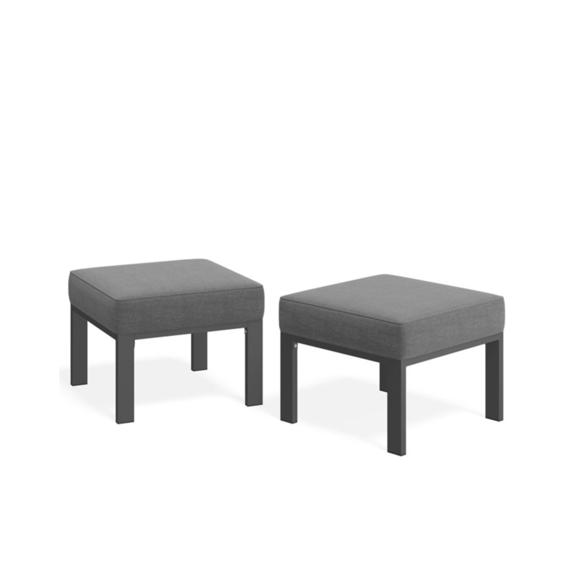 Set of 2,  22” All-Weather Metal Patio Ottomans Thick Gray Cushions & Gray Frame