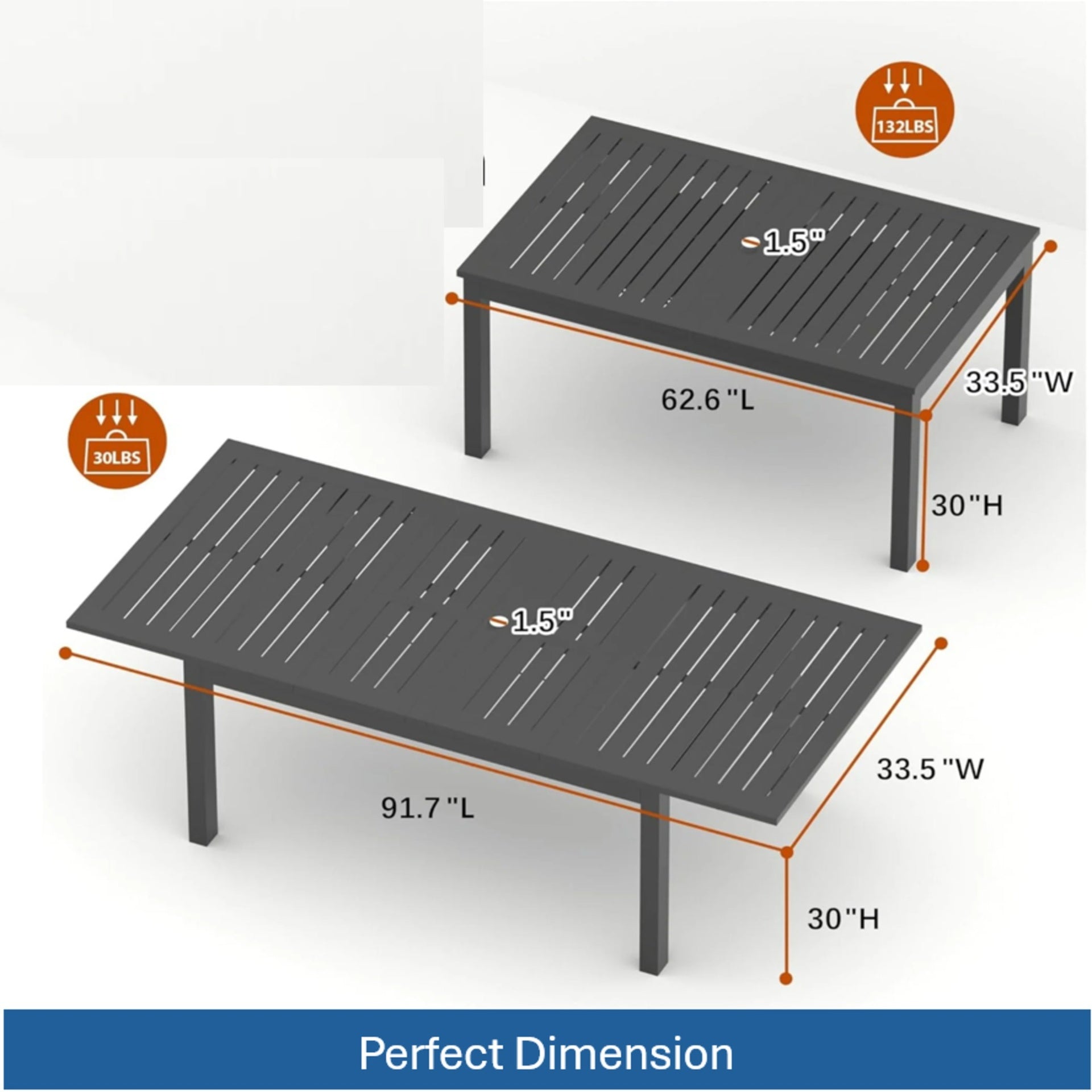 63"-92" Extendable Aluminum Outdoor Dining Table, All-Weather Gray Patio Table