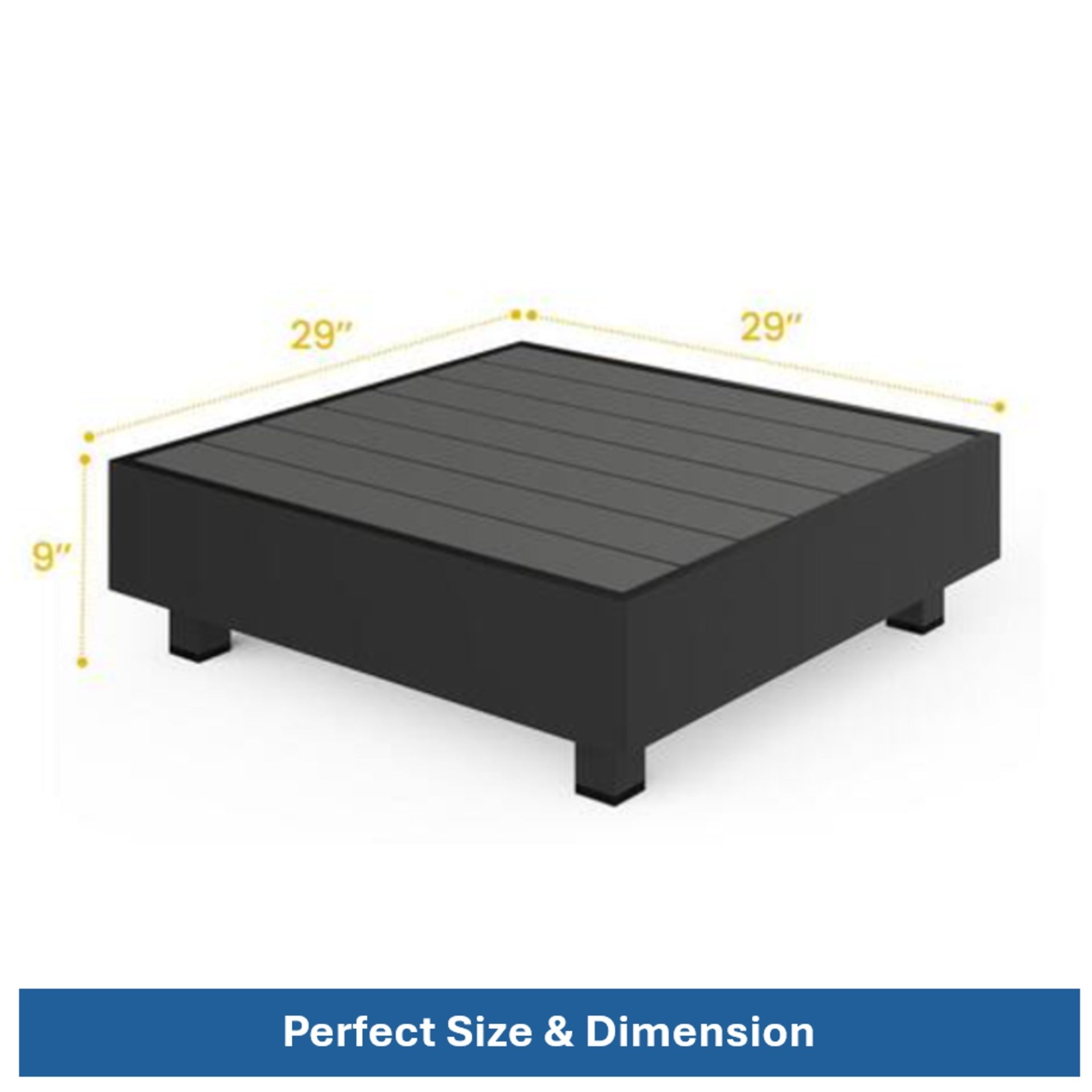 29" Square Black Metal Outdoor Coffee Table, All-Weather Slatted Patio Table