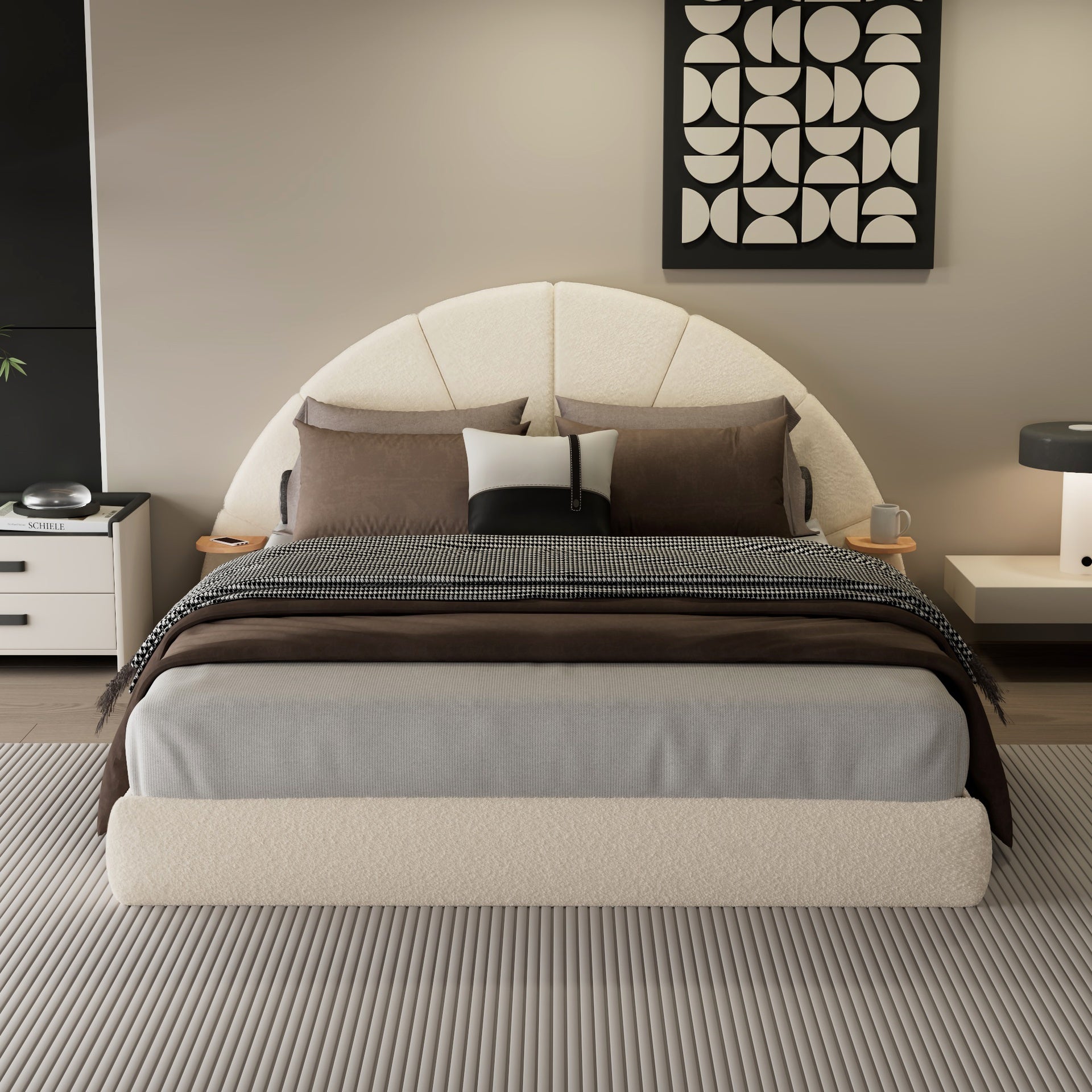 Unique Arched Boucle Bed with Small Table,Queen,Beige