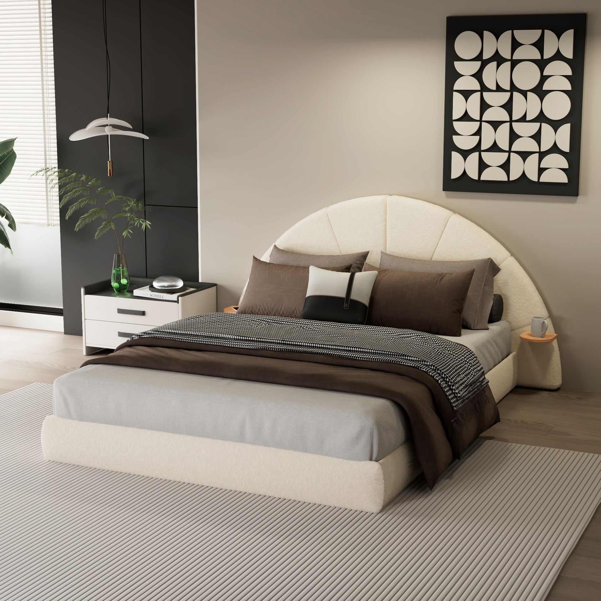 Unique Arched Boucle Bed with Small Table,Queen,Beige