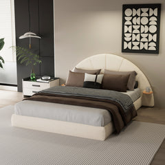 Unique Arched Boucle Bed with Small Table,Queen,Beige