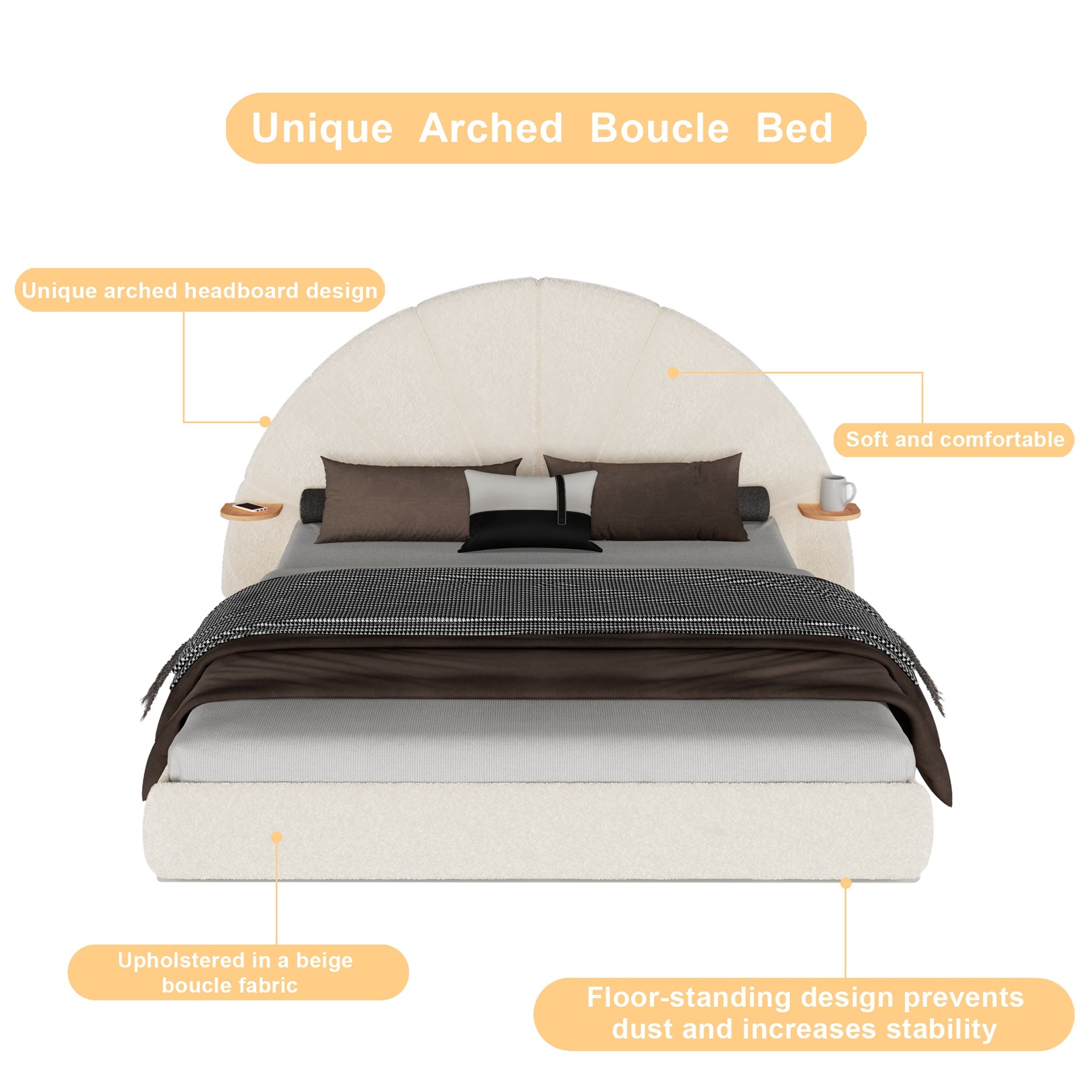 Unique Arched Boucle Bed with Small Table,Queen,Beige