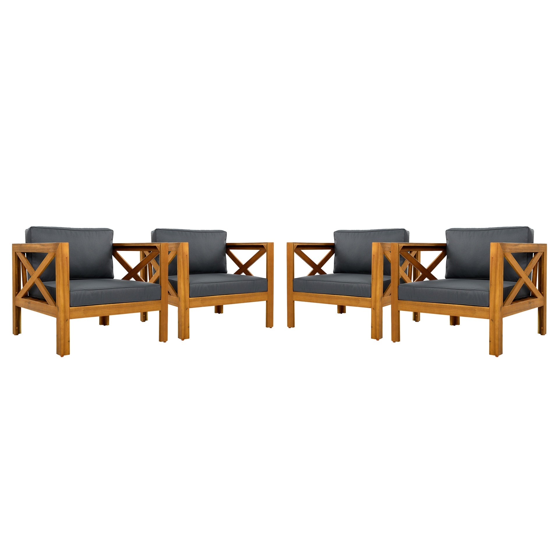 Outdoor Acacia Wood Club Wooden Armchair with Cushions (Set of 2), Conversation Set,Teak Finish,Dark Grey cushion
