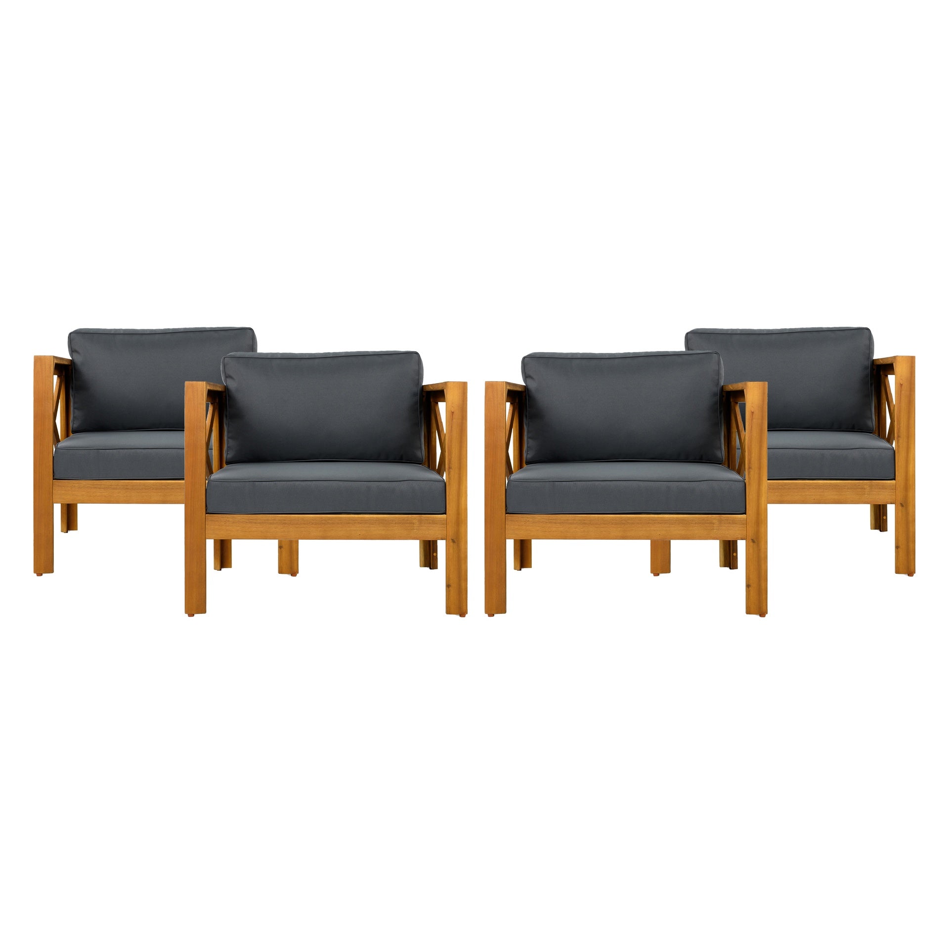 Outdoor Acacia Wood Club Wooden Armchair with Cushions (Set of 2), Conversation Set,Teak Finish,Dark Grey cushion