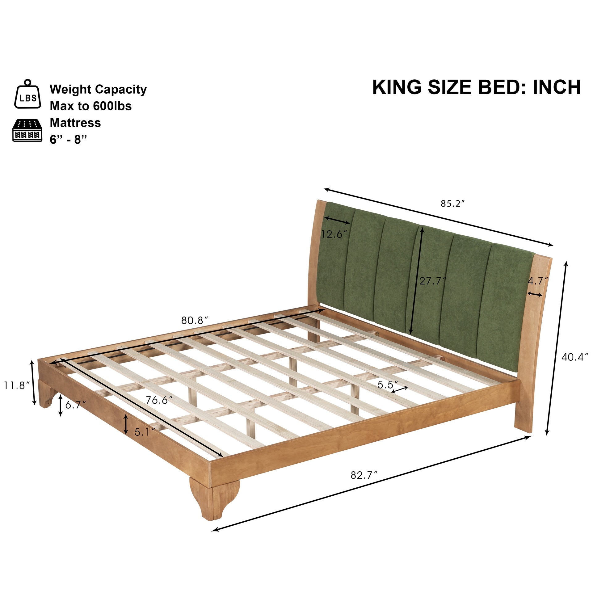 Premium Pine Wood King Bed Frame,King Size Bed Frame with Headboard Included,Mid Century Modern Bed,Natural&Green Color
