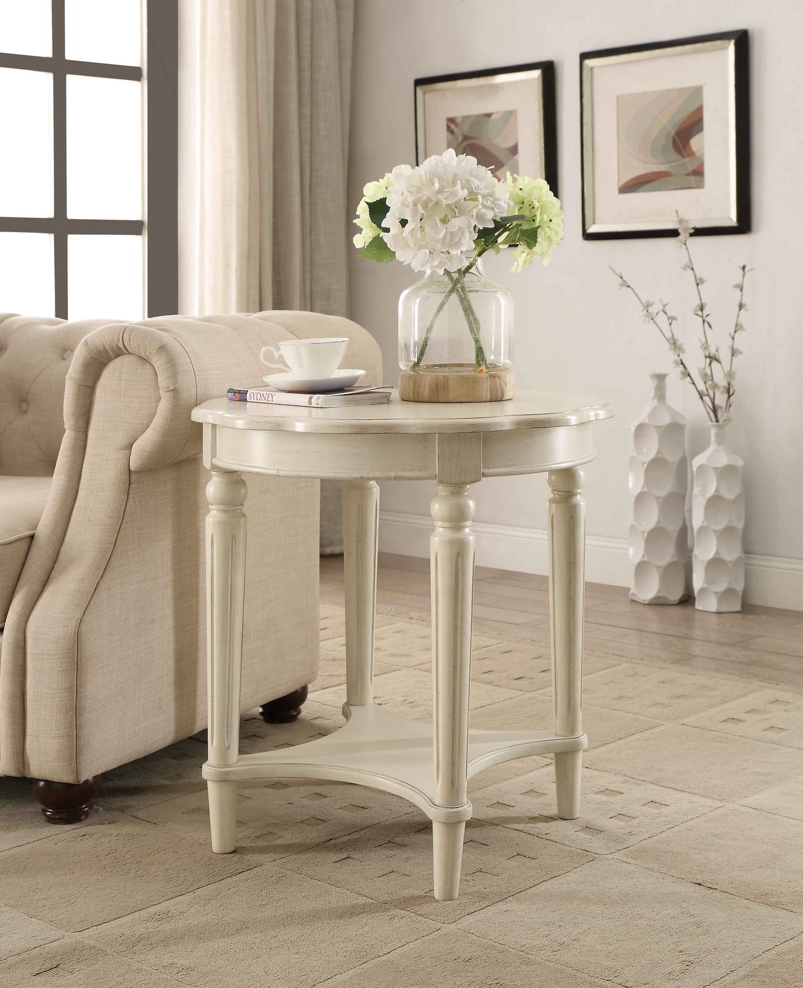 Antique White End Table with Bottom Shelf