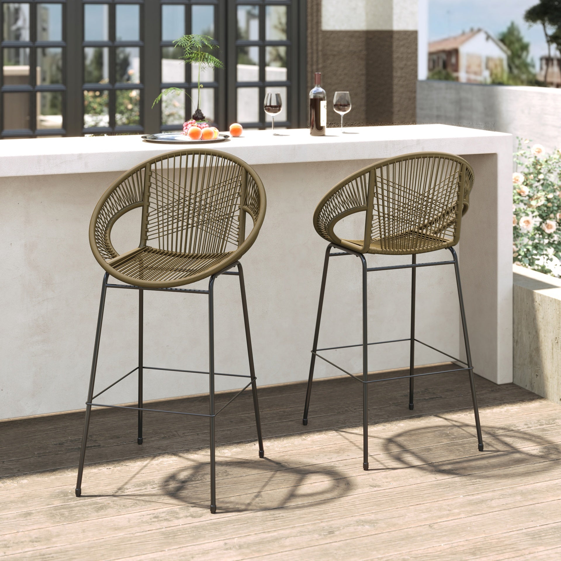 Ferrara Outdoor Patio Green Faux Wicker Barstool, Set of 2