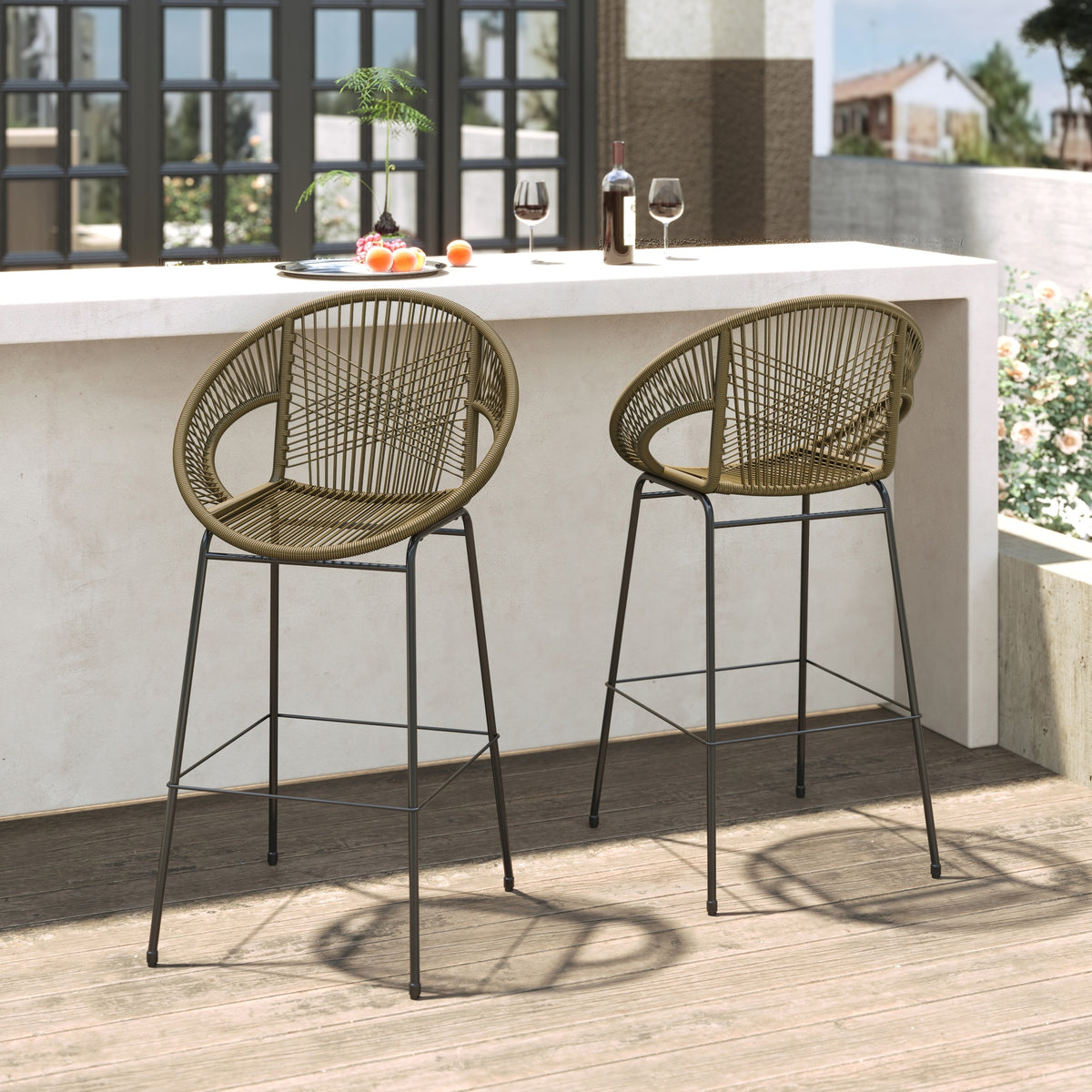 Ferrara Outdoor Patio Green Faux Wicker Barstool, Set of 2