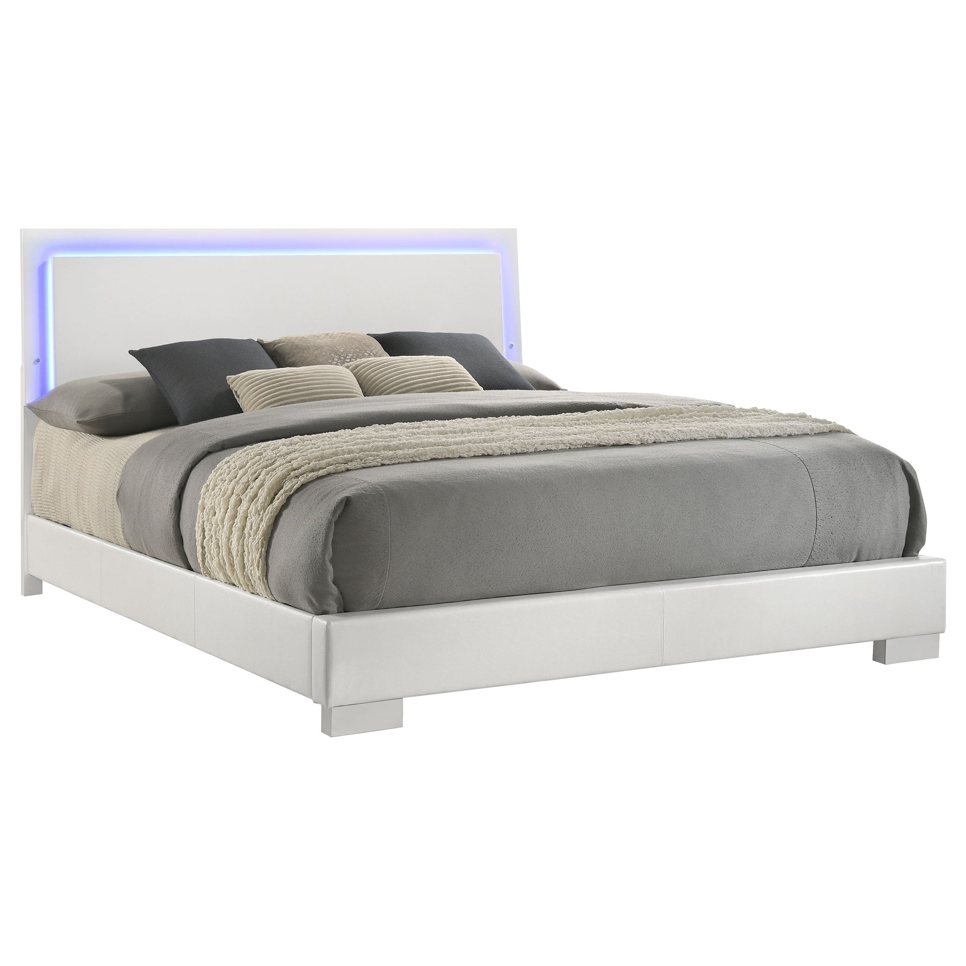 Strick & Bolton White High Gloss Panel Eastern King Bed with LED Lights