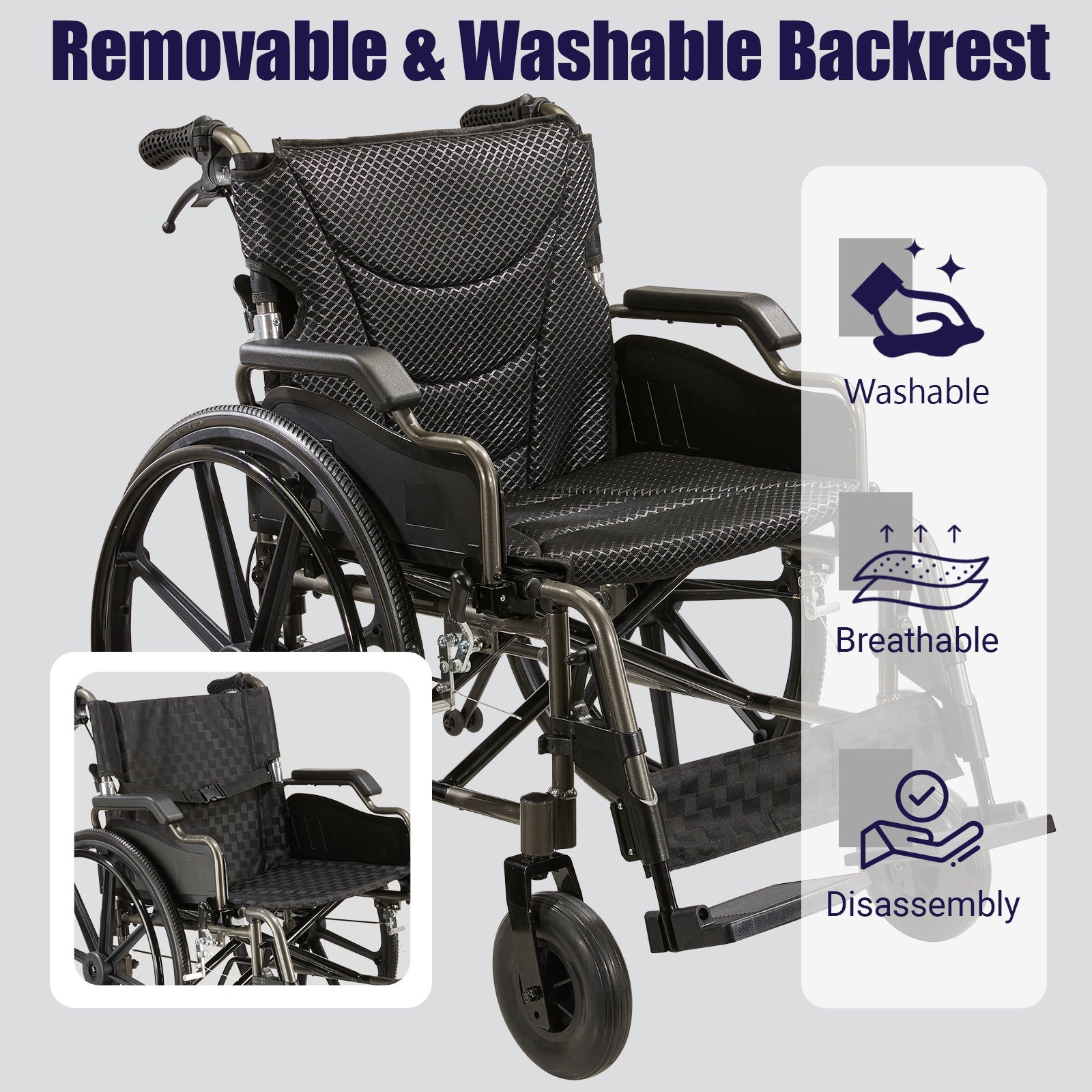 Folding Manual Transport Wheelchair, 18" Seat With Front and Rear Locking Hand Brakes, 24" Quick Release Rear Wheels,Nanometer Grey