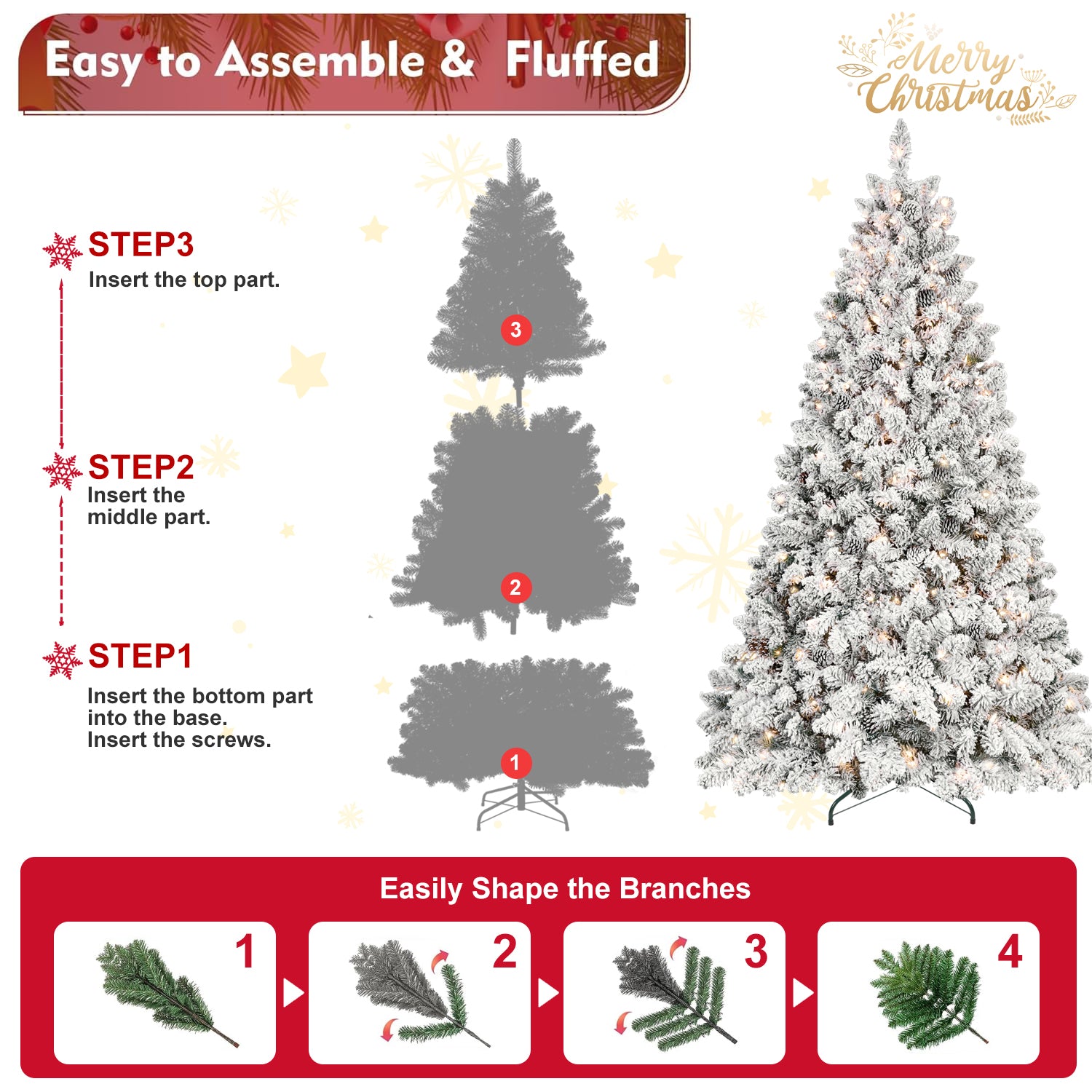 6FT Flocked Christmas Tree with 350 UL Lights and 35 Natural Pine Cones – Snowy PVC Tips, 888 Tips, Hinged Structure, Stable Metal Stand, Easy Setup