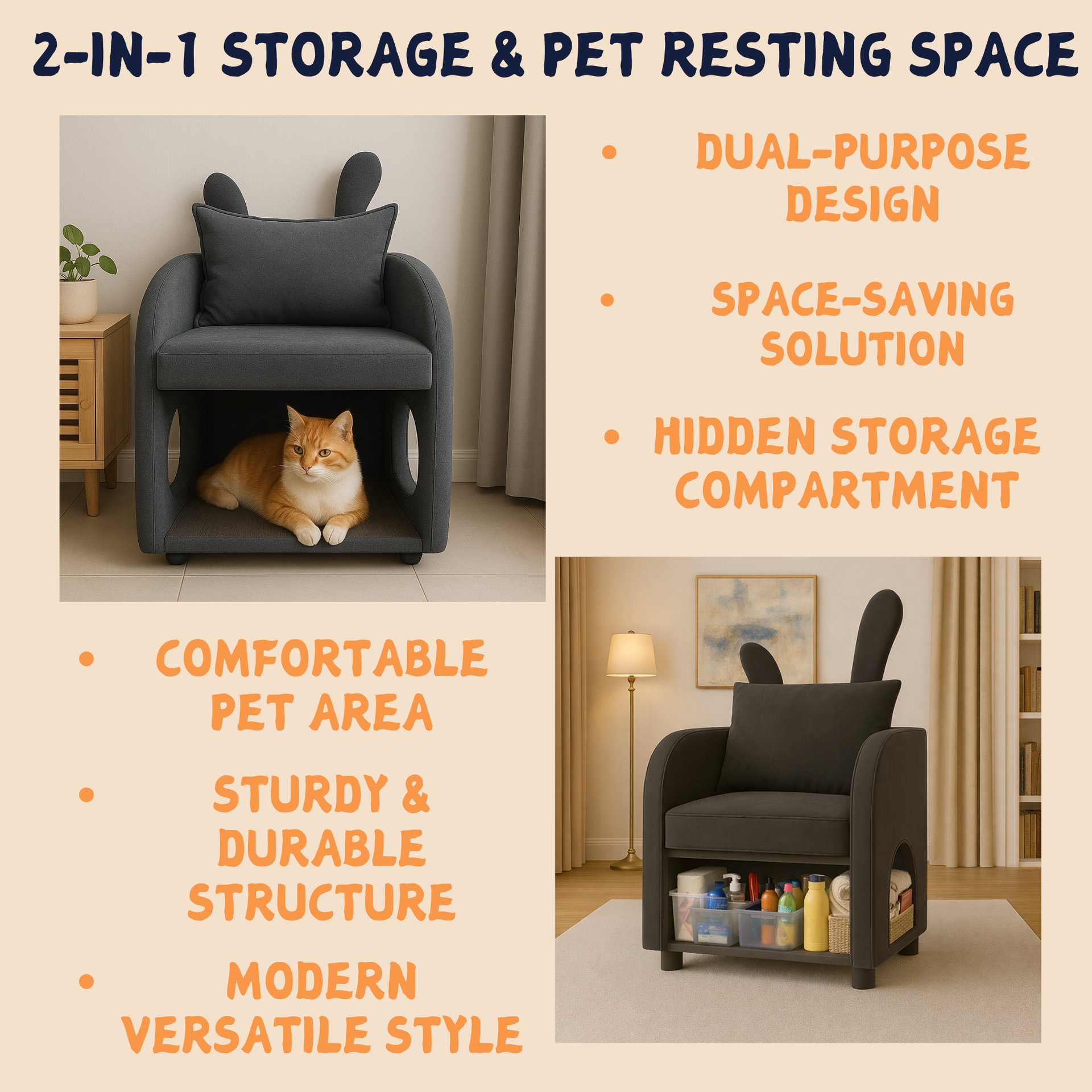 Dark Gray Bunny-Ear Pet-Friendly Armchair with Scratch-Resistant Fabric, Triple-Entry Pet Hideaway Openings, Dual-Use Sofa Chair, 27.4 x 25.2 x 37.4 inch