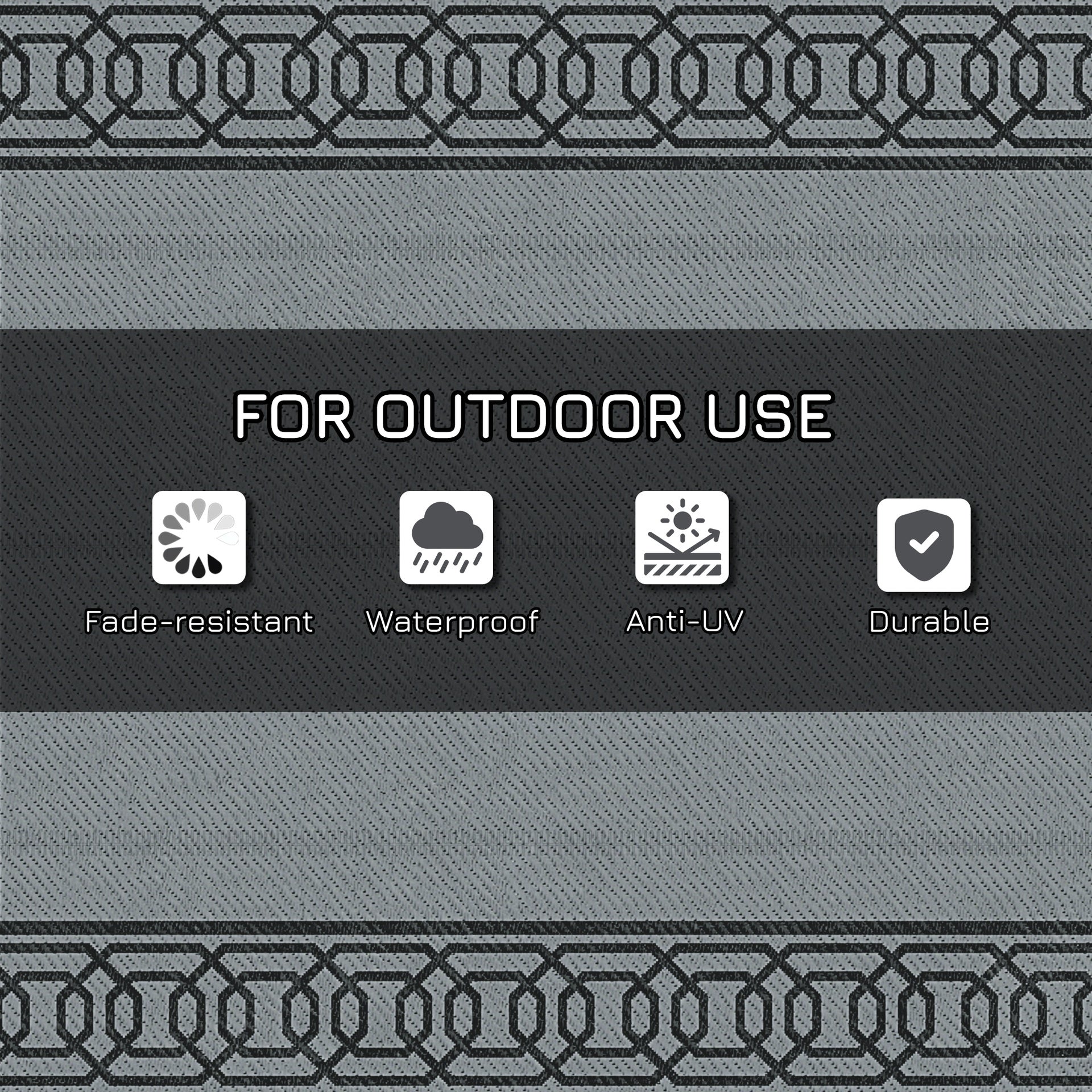 Outsunny Reversible Outdoor Rug, 9' x 12' Waterproof Plastic Straw Floor Mat, Portable RV Camping Carpet, Large Floor Mat for Backyard, Deck, Picnic, Beach, Black & Gray Border