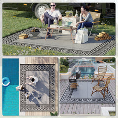 Outsunny Reversible Outdoor Rug, 9' x 12' Waterproof Plastic Straw Floor Mat, Portable RV Camping Carpet, Large Floor Mat for Backyard, Deck, Picnic, Beach, Black & Gray Border