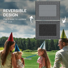 Outsunny Reversible Outdoor Rug, 9' x 12' Waterproof Plastic Straw Floor Mat, Portable RV Camping Carpet, Large Floor Mat for Backyard, Deck, Picnic, Beach, Black & Gray Border