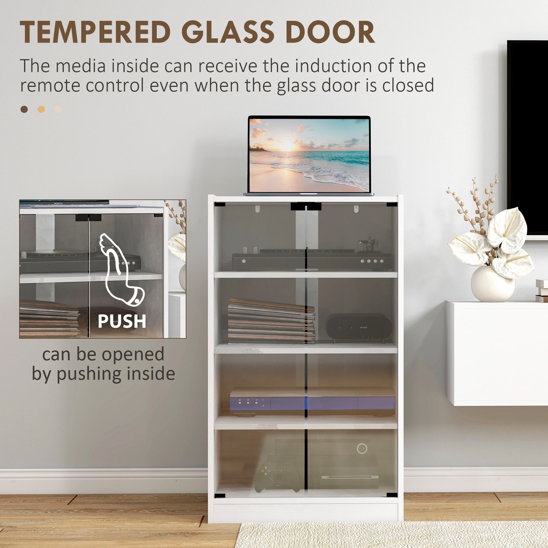 HOMCOM Media Cabinet, 4-Tier Stereo Cabinet, Modern Audio Video Media Stand with Adjustable Shelves, Tempered Glass Doors, and Cable Management, Distressed White