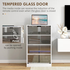 HOMCOM Media Cabinet, 4-Tier Stereo Cabinet, Modern Audio Video Media Stand with Adjustable Shelves, Tempered Glass Doors, and Cable Management, Distressed White