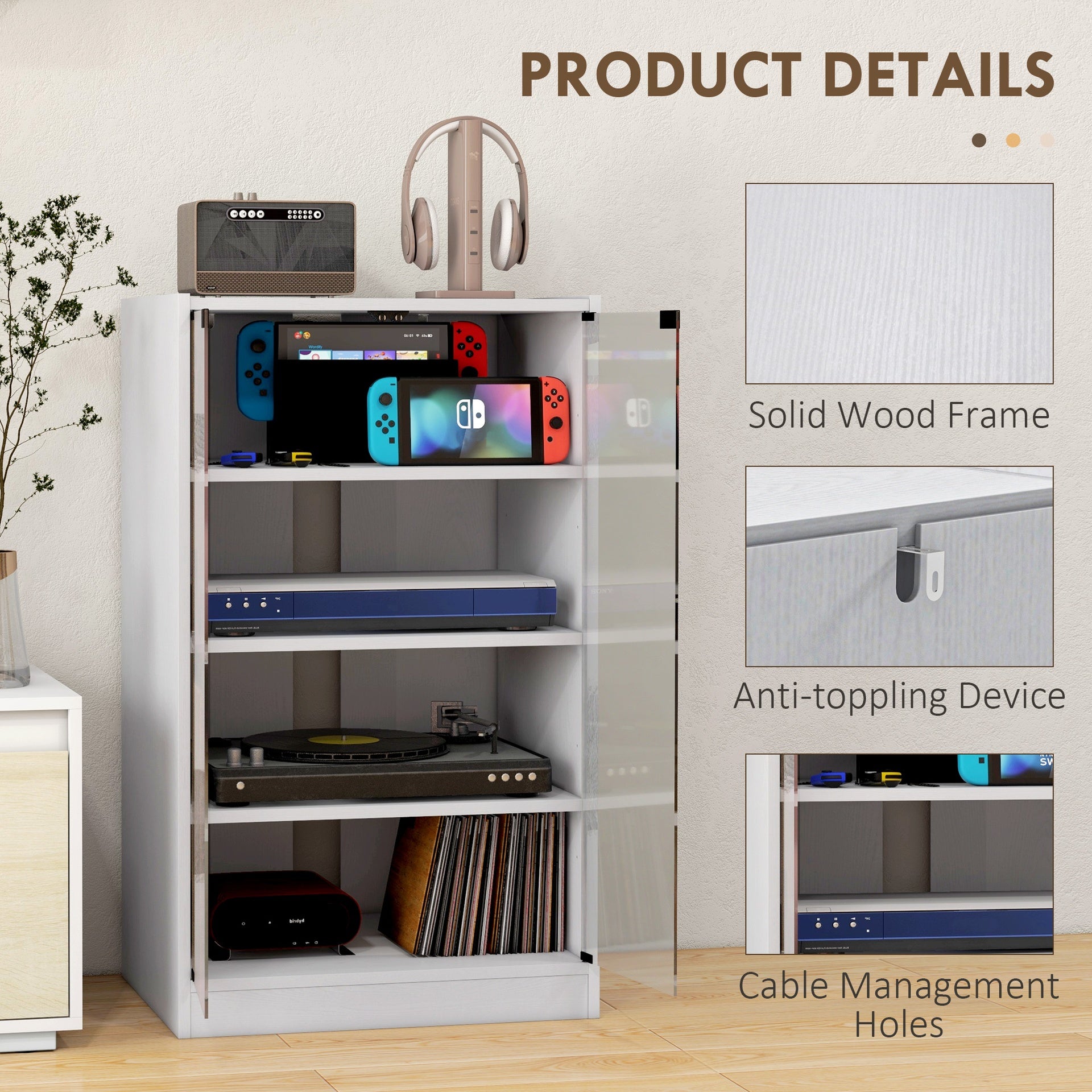 HOMCOM Media Cabinet, 4-Tier Stereo Cabinet, Modern Audio Video Media Stand with Adjustable Shelves, Tempered Glass Doors, and Cable Management, Distressed White