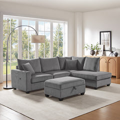 Romano 107"W Dark Gray Corduroy Fabric Sectional Sofa with Right Facing Chaise, USB & USB-C Charging Port, Storage Ottoman, and Pillows