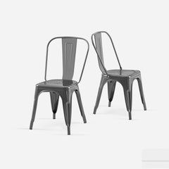 Set of 2 High Gloss Grey Industrial Metal Dining Chairs 18 Inch Seat Height Stackable Indoor Outdoor, Lightweight Easy-Clean Surface, Easy Assembly, Durable Modern Design, For Kitchen Cafe Bar