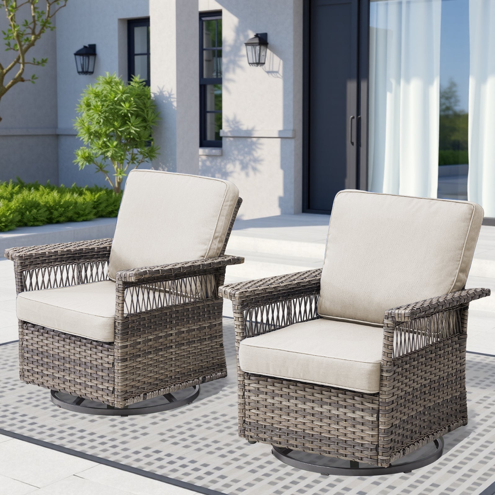 2 Piece Swivel Rocker Patio Chairs Set with 5-Inch Armrest and Thick Cushion, Gray/Beige